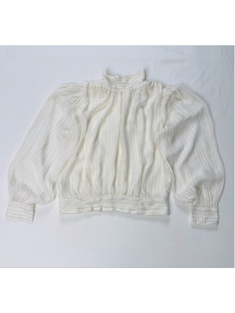Ann Taylor Small Ivory Metallic Stripe High Neck Puff Sleeve Romantic Blouse - Picture 2 of 13